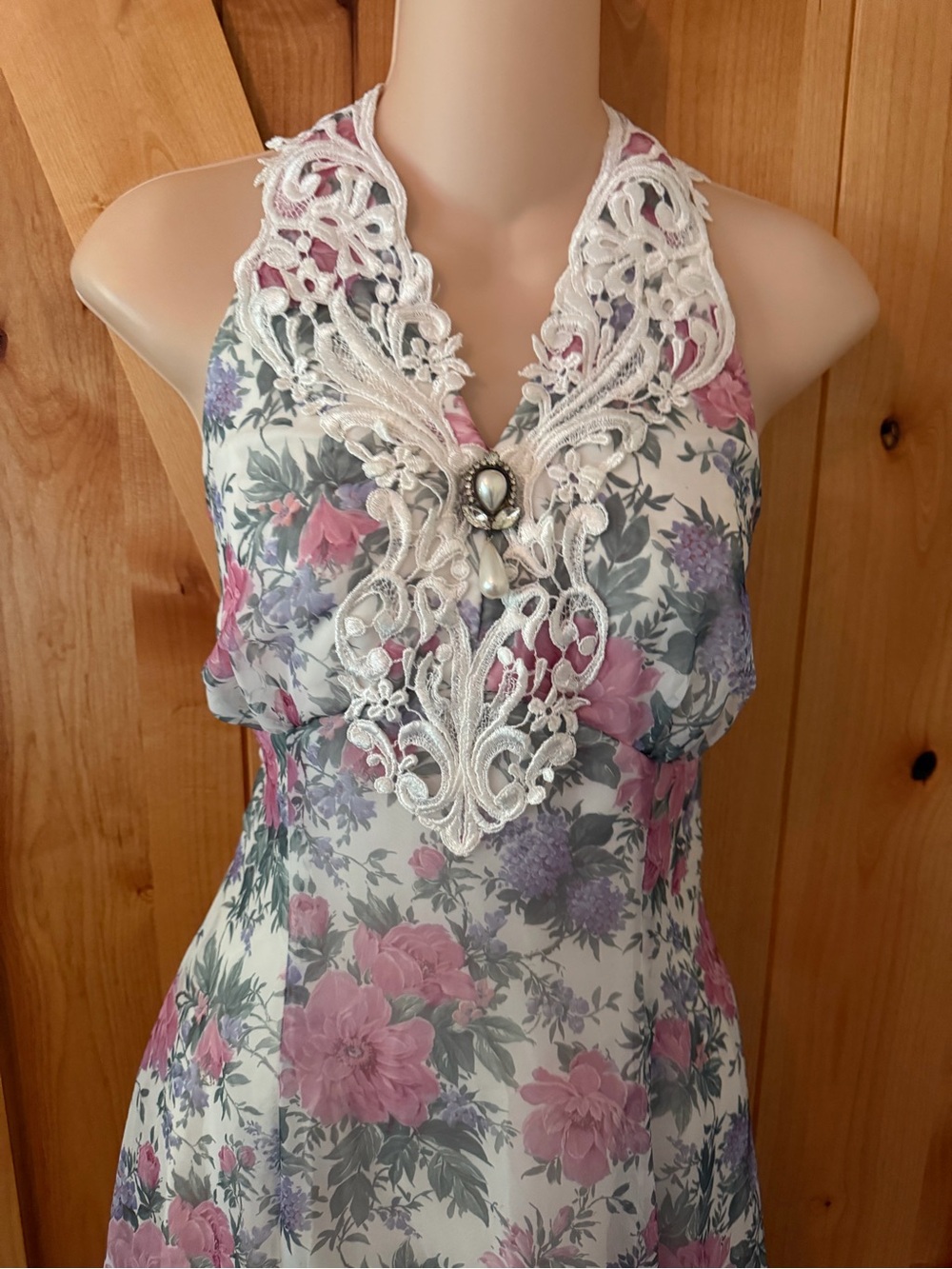 Vintage 90s Scott McClintock Floral Fairycore Halter Maxi Dress Lace, S - Picture 3 of 15